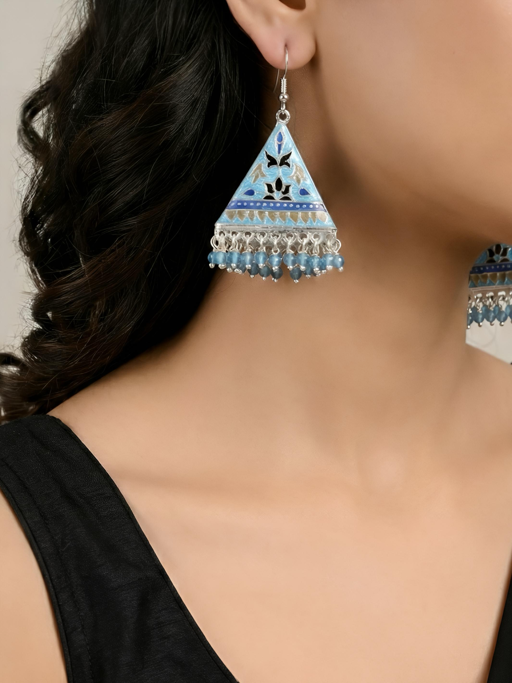 Pure Silver Blue Enamel Pyramid Earrings