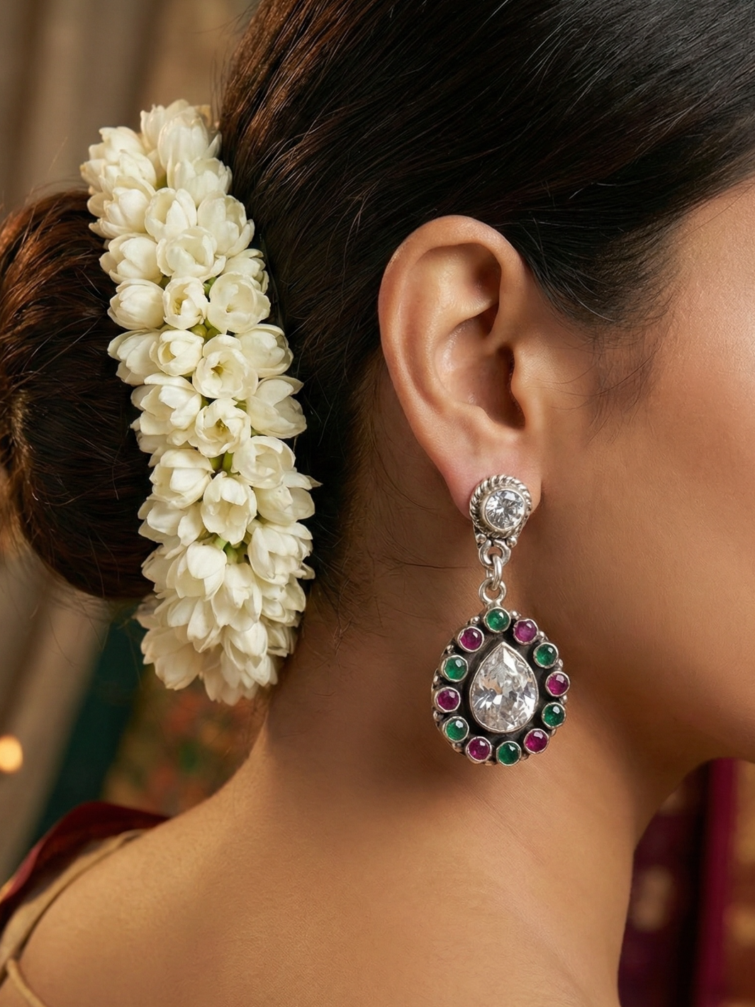 Pink and Green Cutstone Pure Silver Earring