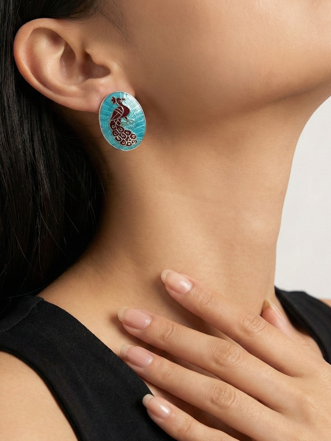 Pure Silver Blue Enamel Peacock Studs