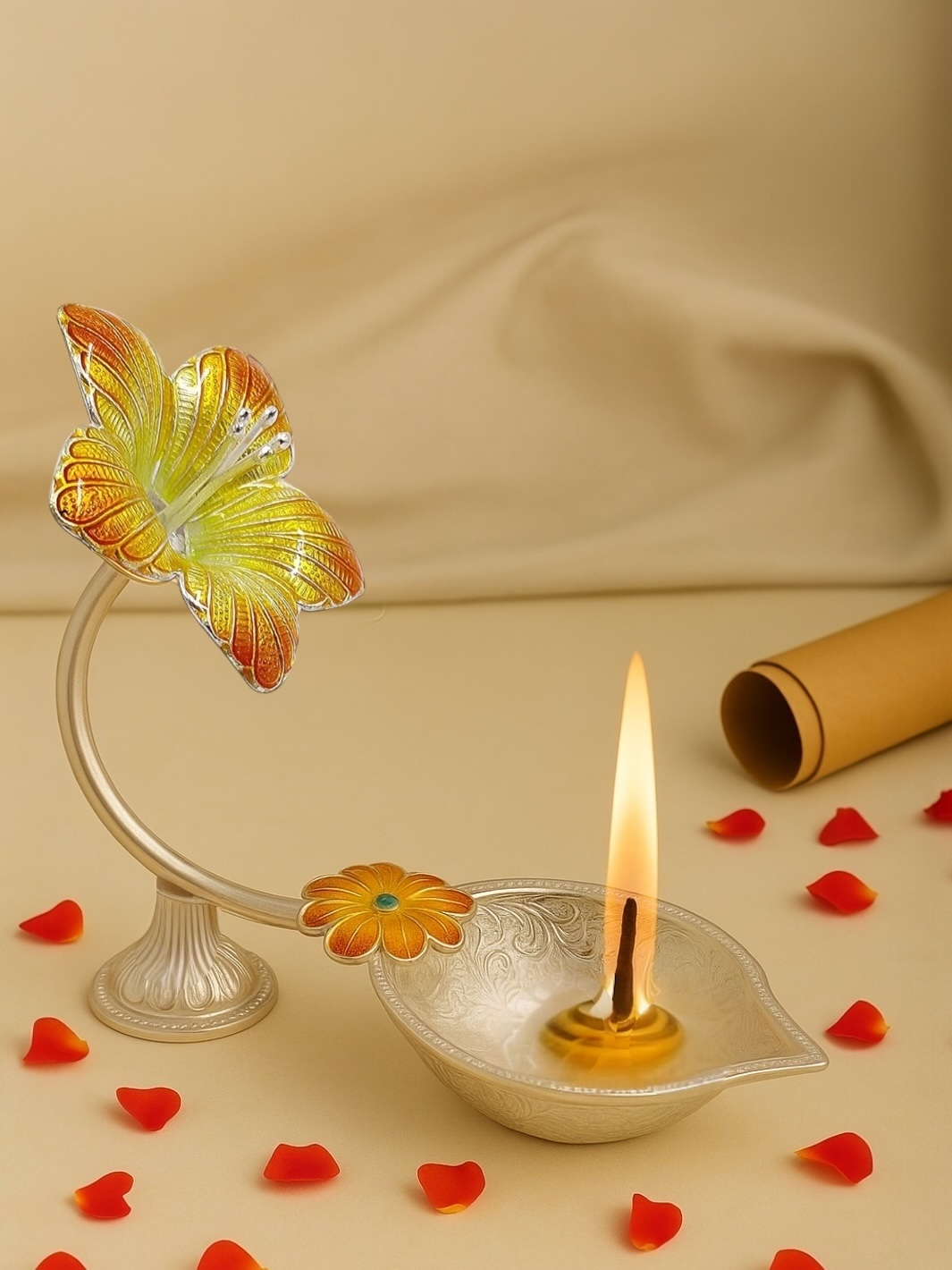 Pure Silver Antique Diya with Yellow Colour Enamel & Hibiscus Flower Shape Design