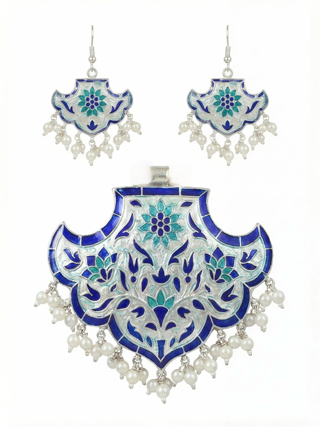 The Meena Blue Floral Pure Silver Pendant Set