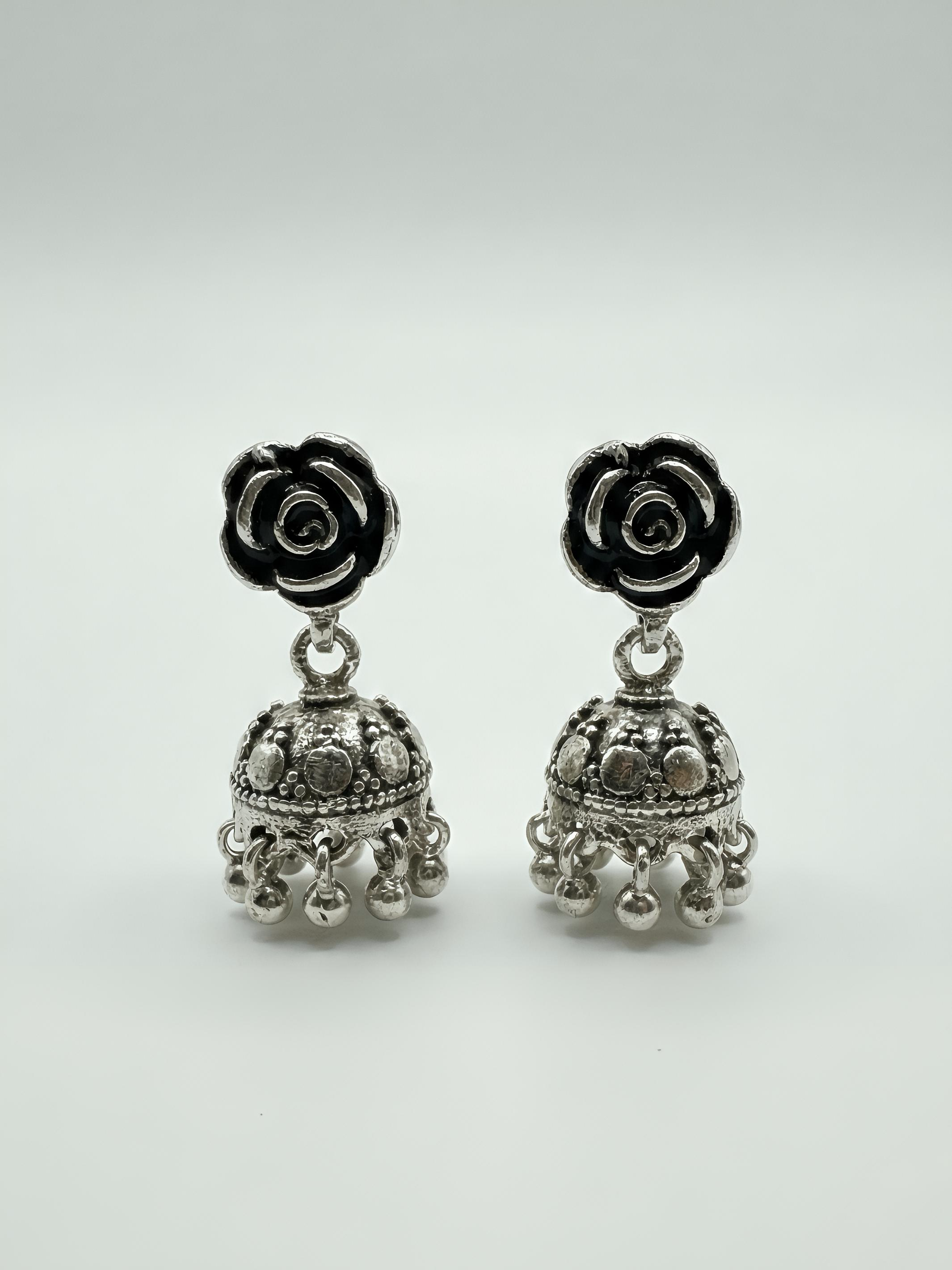 Pure Silver Noir Rose Jhumki Earring