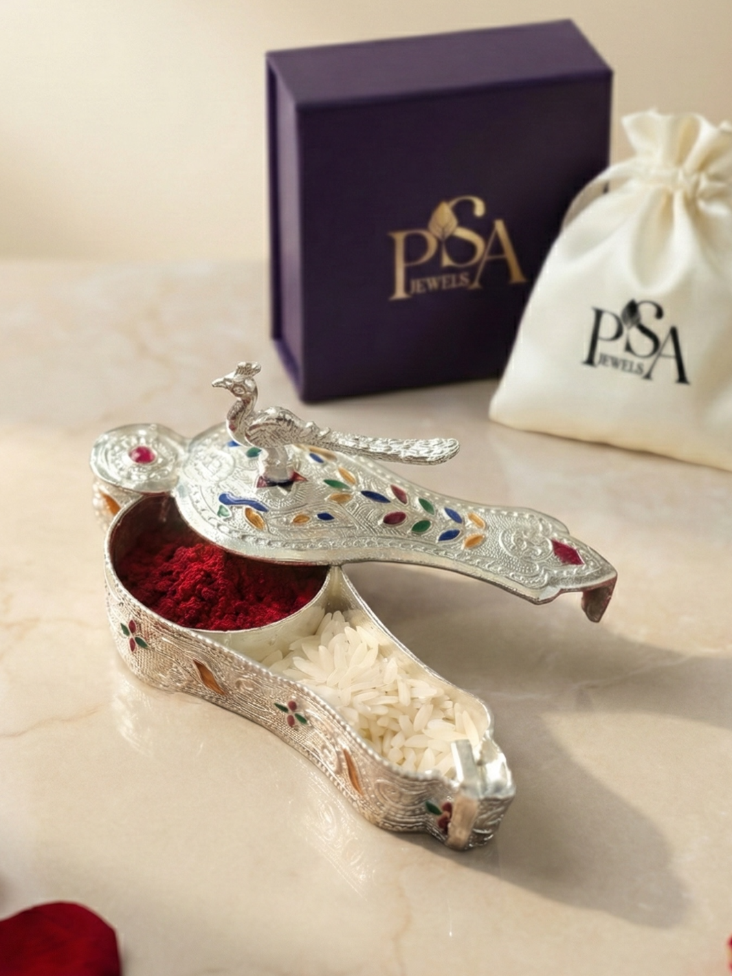 Colourful Enamel Peacock Design Haldi Kumkum Pure Silver Holder/Box/Dibbi