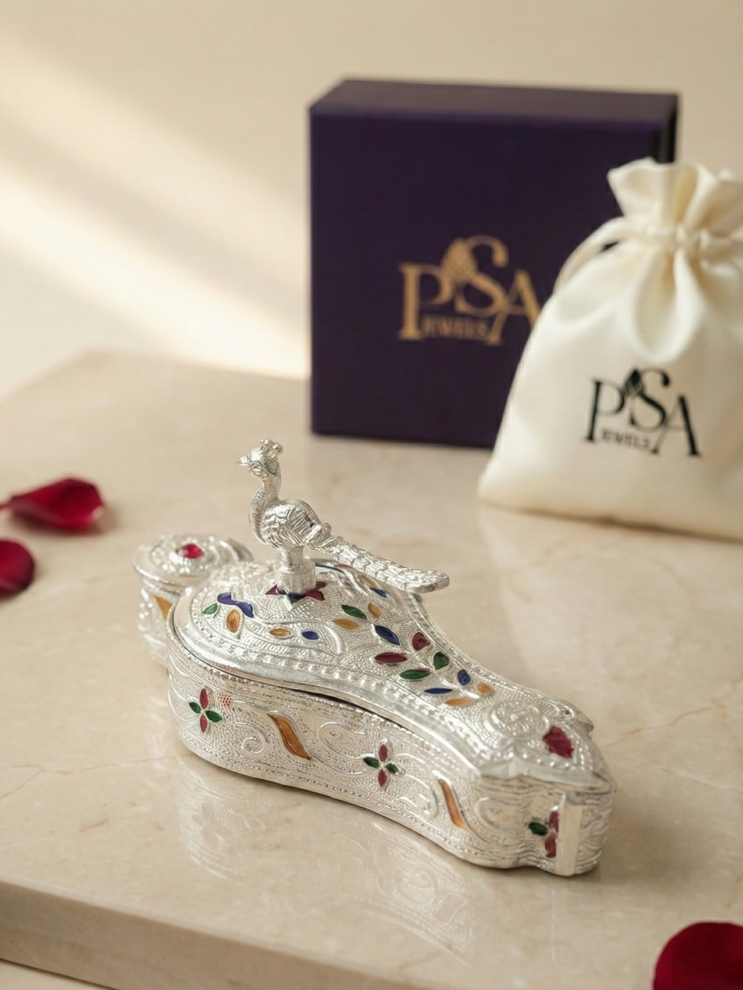 Colourful Enamel Peacock Design Haldi Kumkum Pure Silver Holder/Box/Dibbi