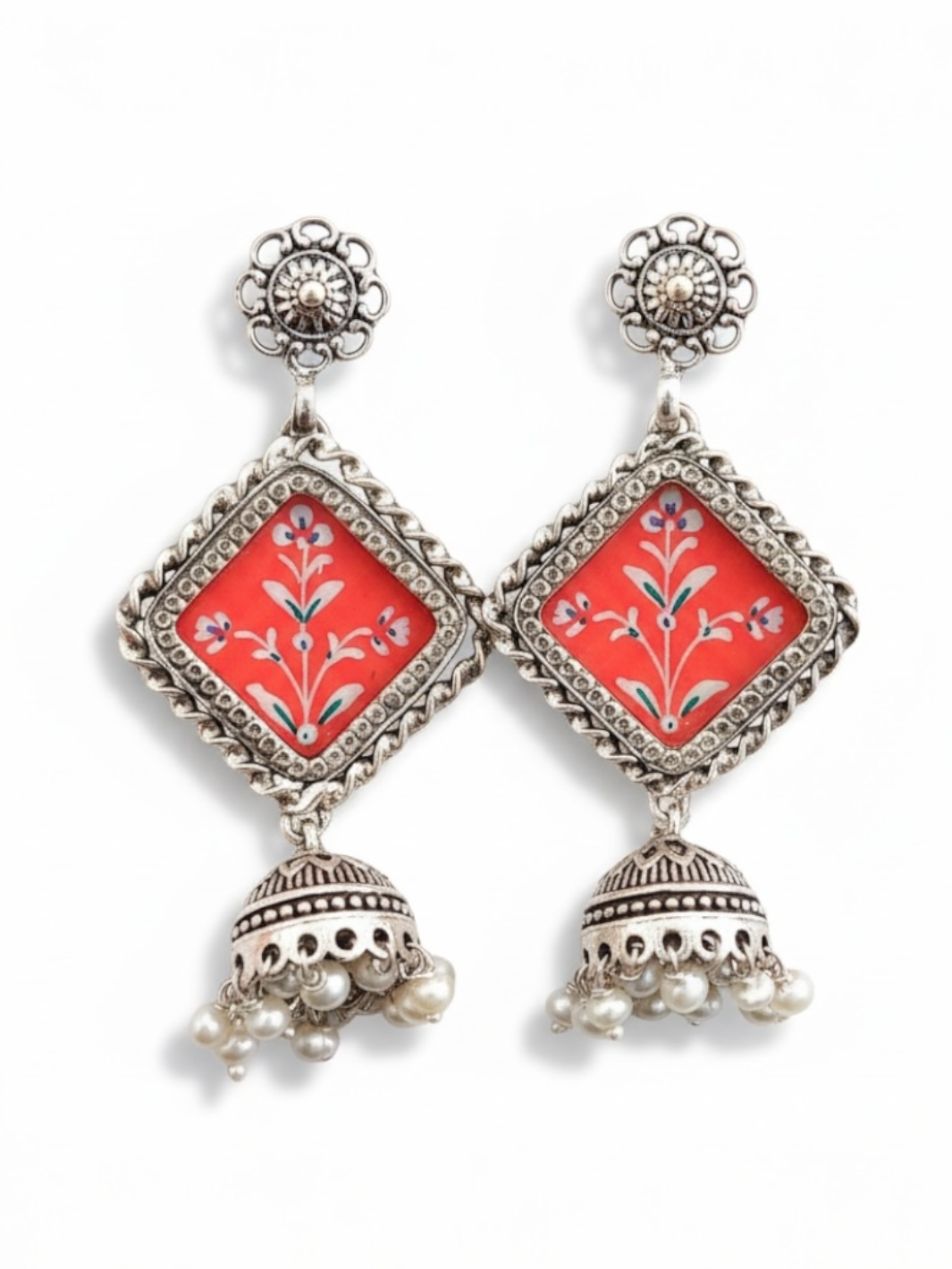 Orange Handpainted Jhumki Pure Silver Earring