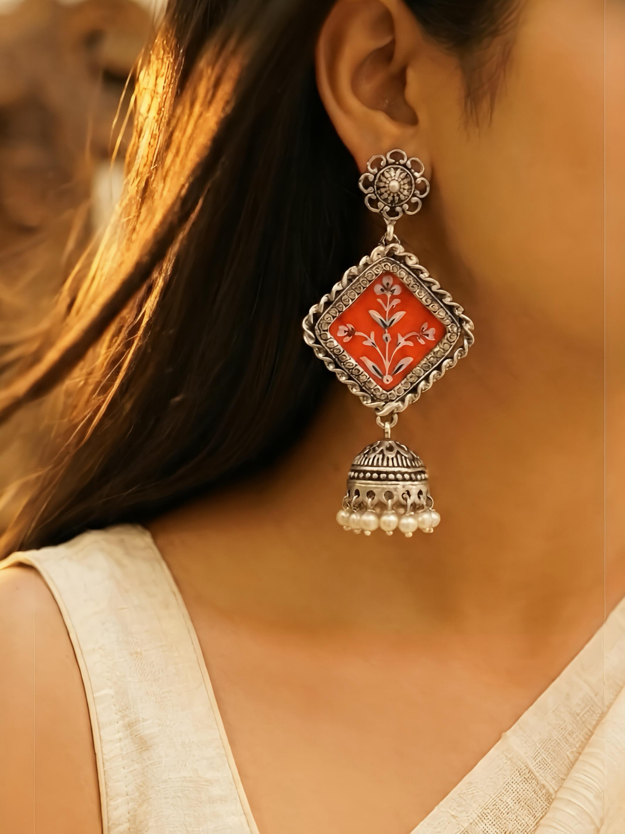 Orange Handpainted Jhumki Pure Silver Earring