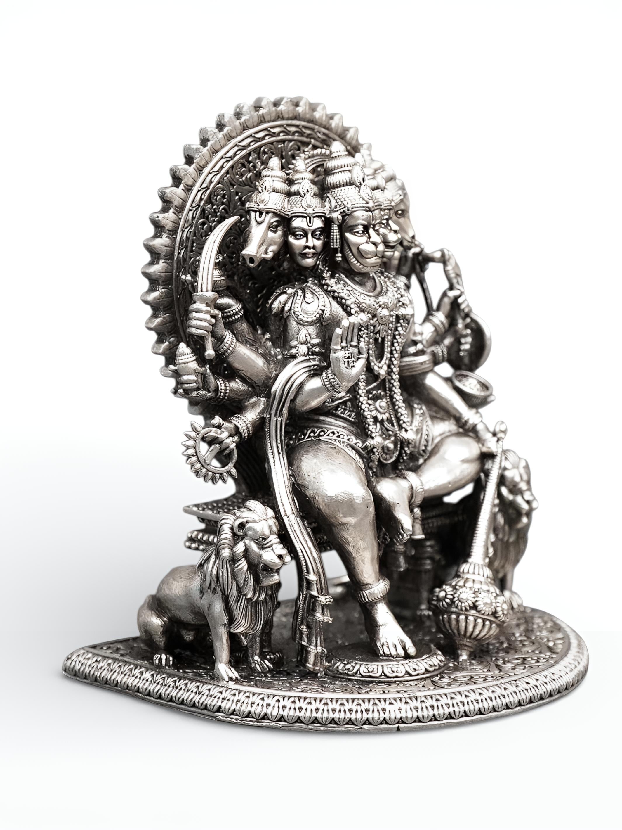 Panchmukhi Hanuman Pure Silver Antique Statue, Multi-Armed Panchmukhi Idol
