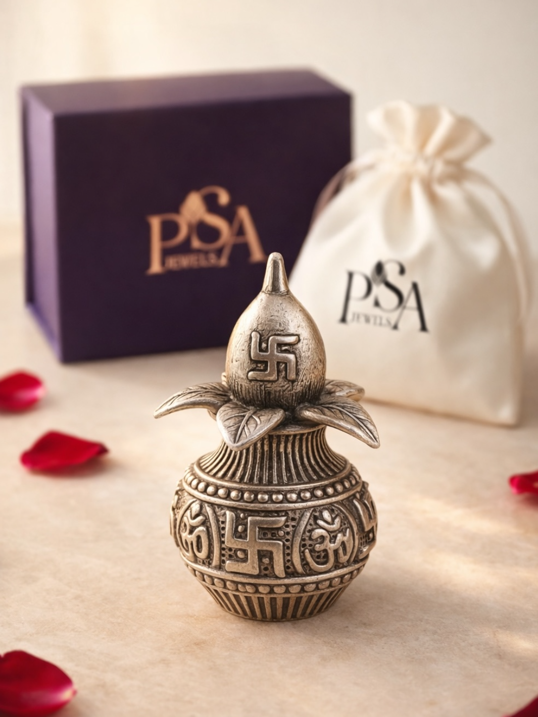 Pure Silver Antique Finish Kalash with Swastik & Om Engravings