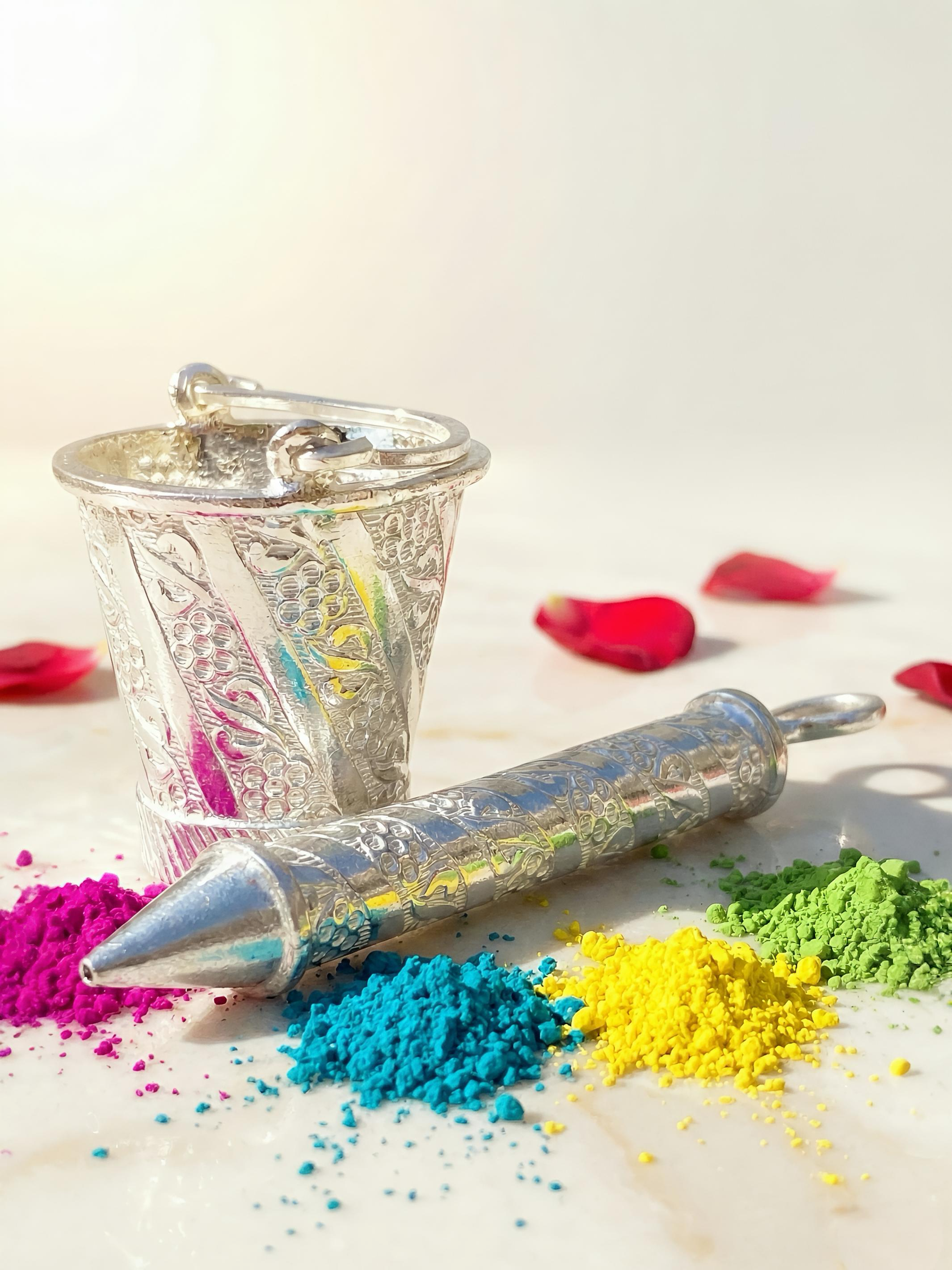 Pure Silver Holi Special Pichkari And Bucket Set