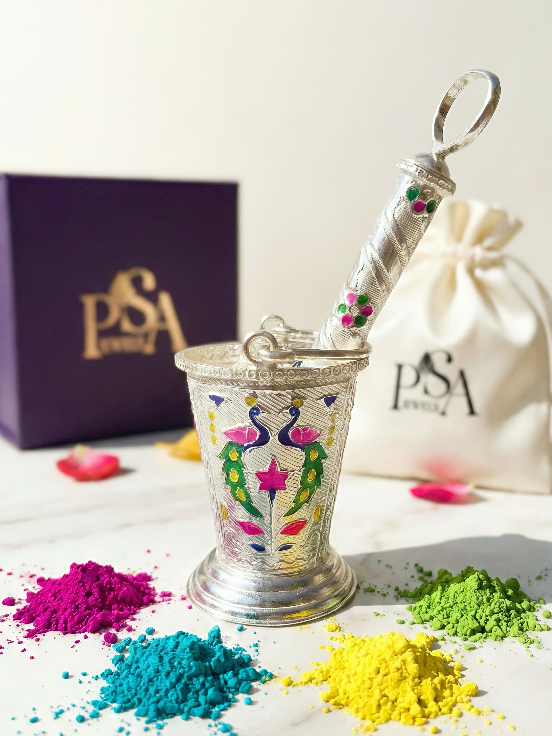 Pure Silver Holi Special Peacock design Pichkari And Bucket Set