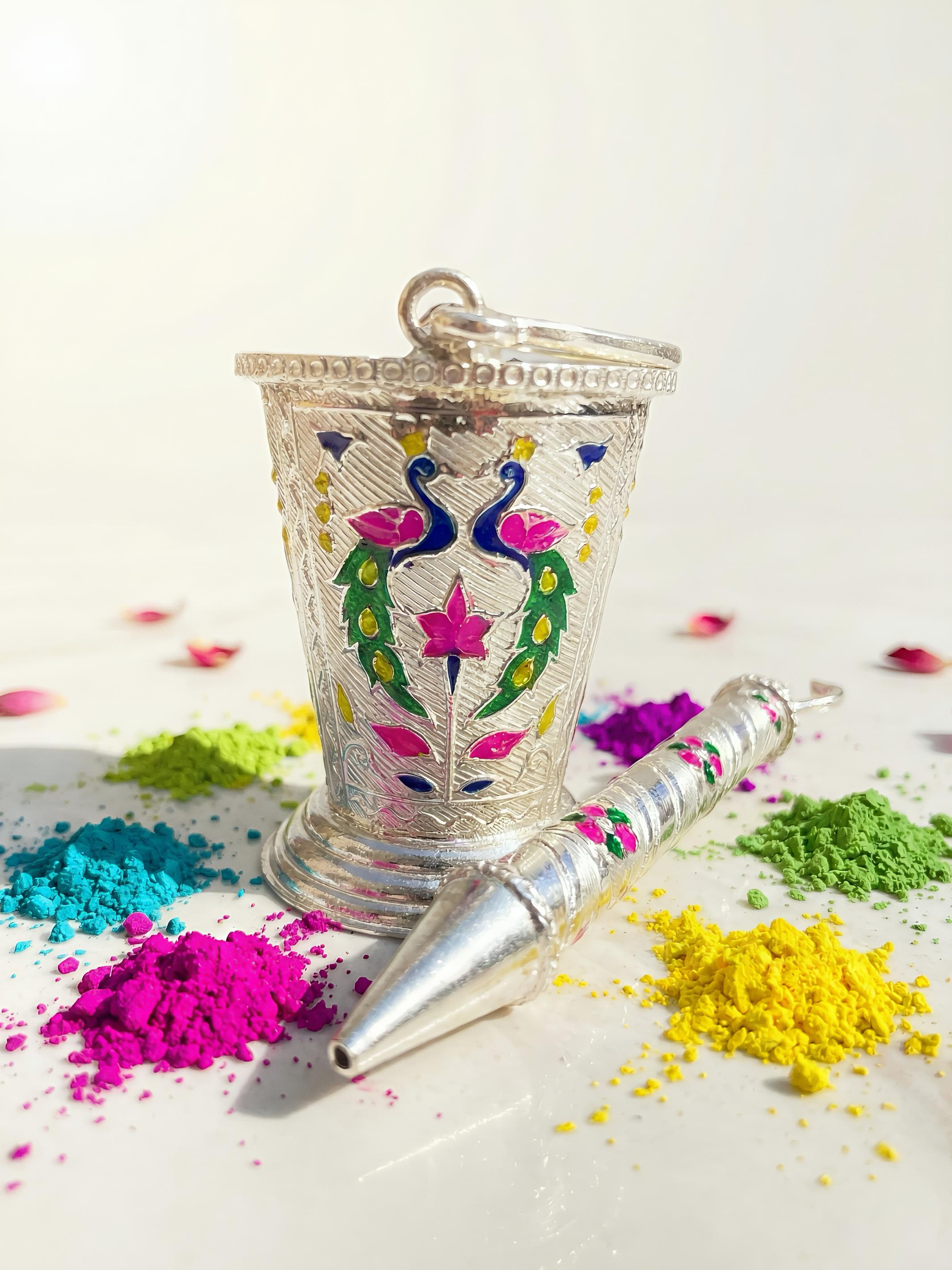 Pure Silver Holi Special Peacock design Pichkari And Bucket Set