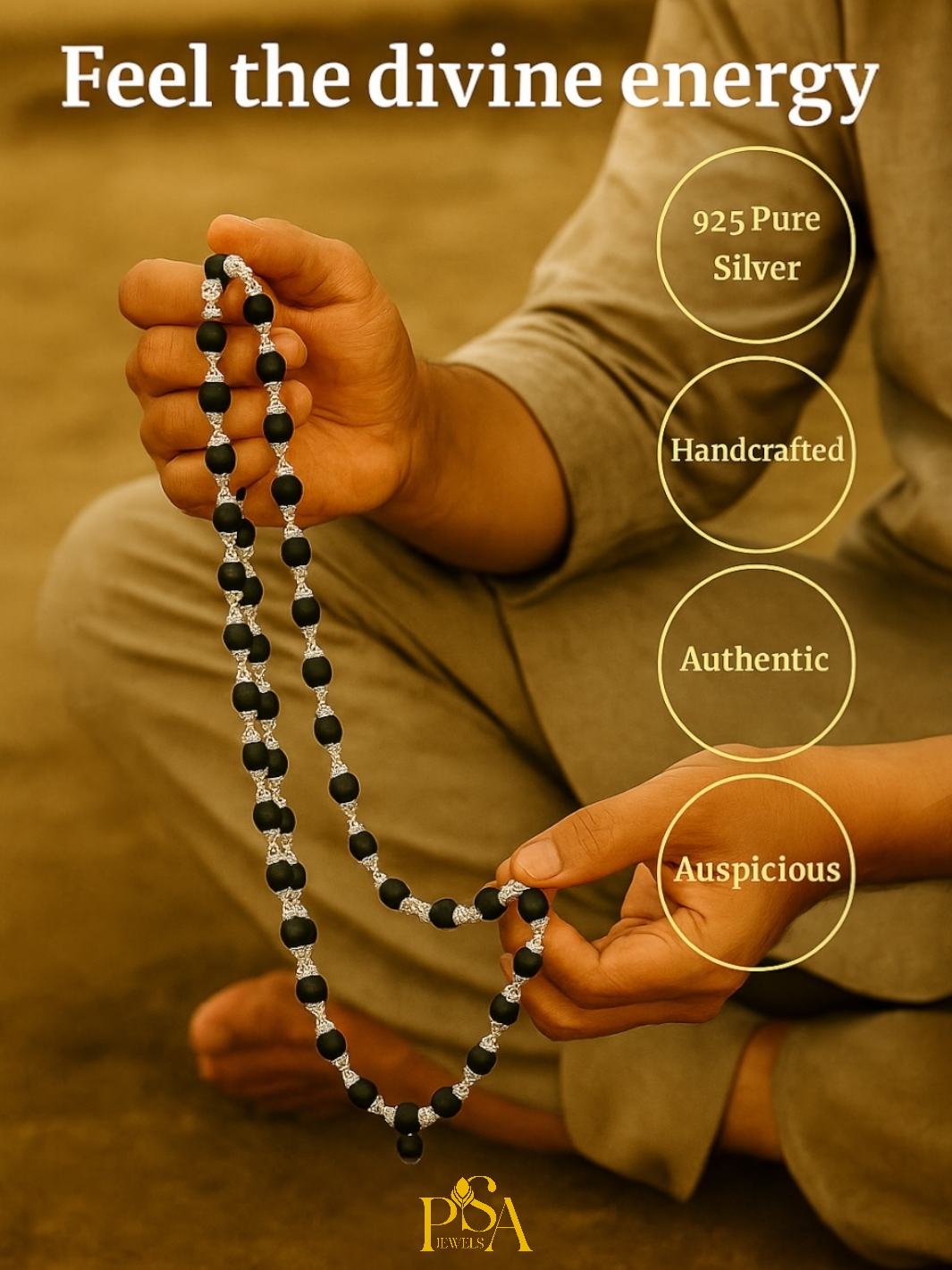 Natural Karungali (ebony wood) Pure Silver Japa Mala/ Chain