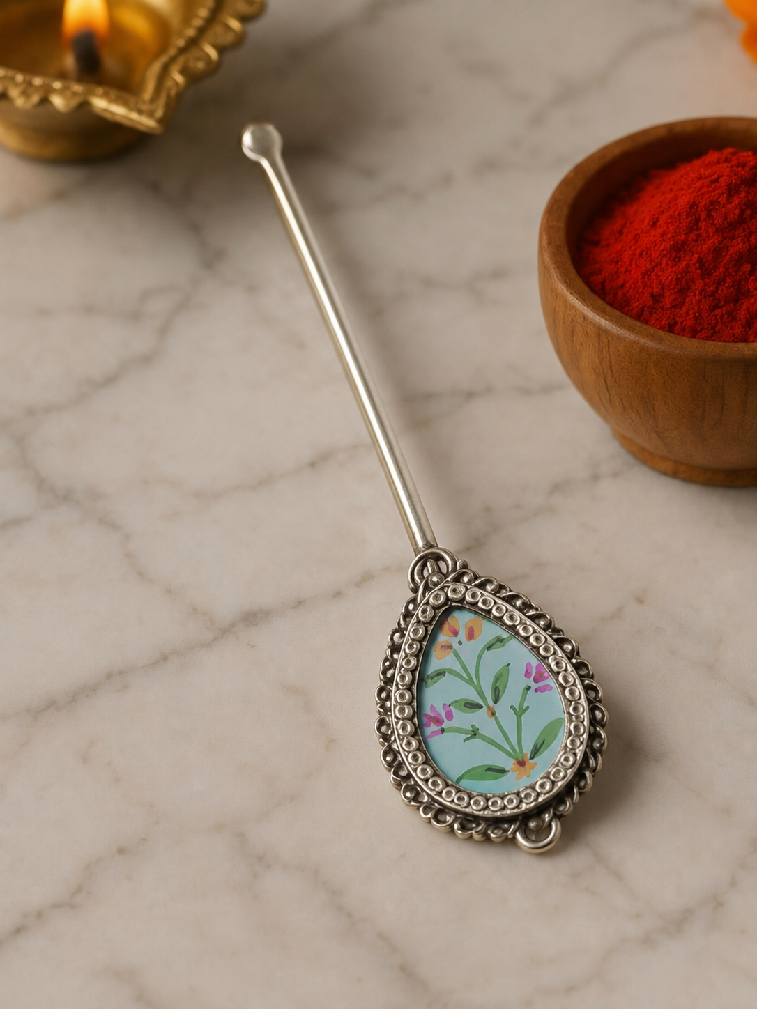 Pure Silver Hand-painted Pear Shaped Antique Pooja tilakstick