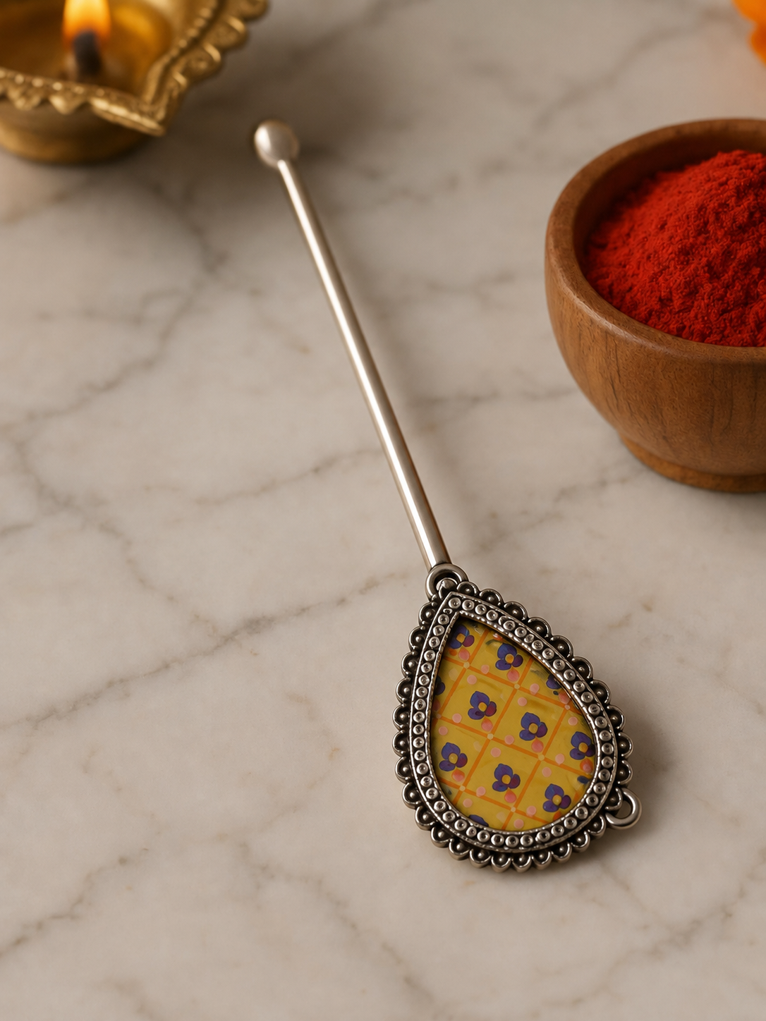 Pure Silver Hand-painted Pear Shaped Antique Pooja tilakstick
