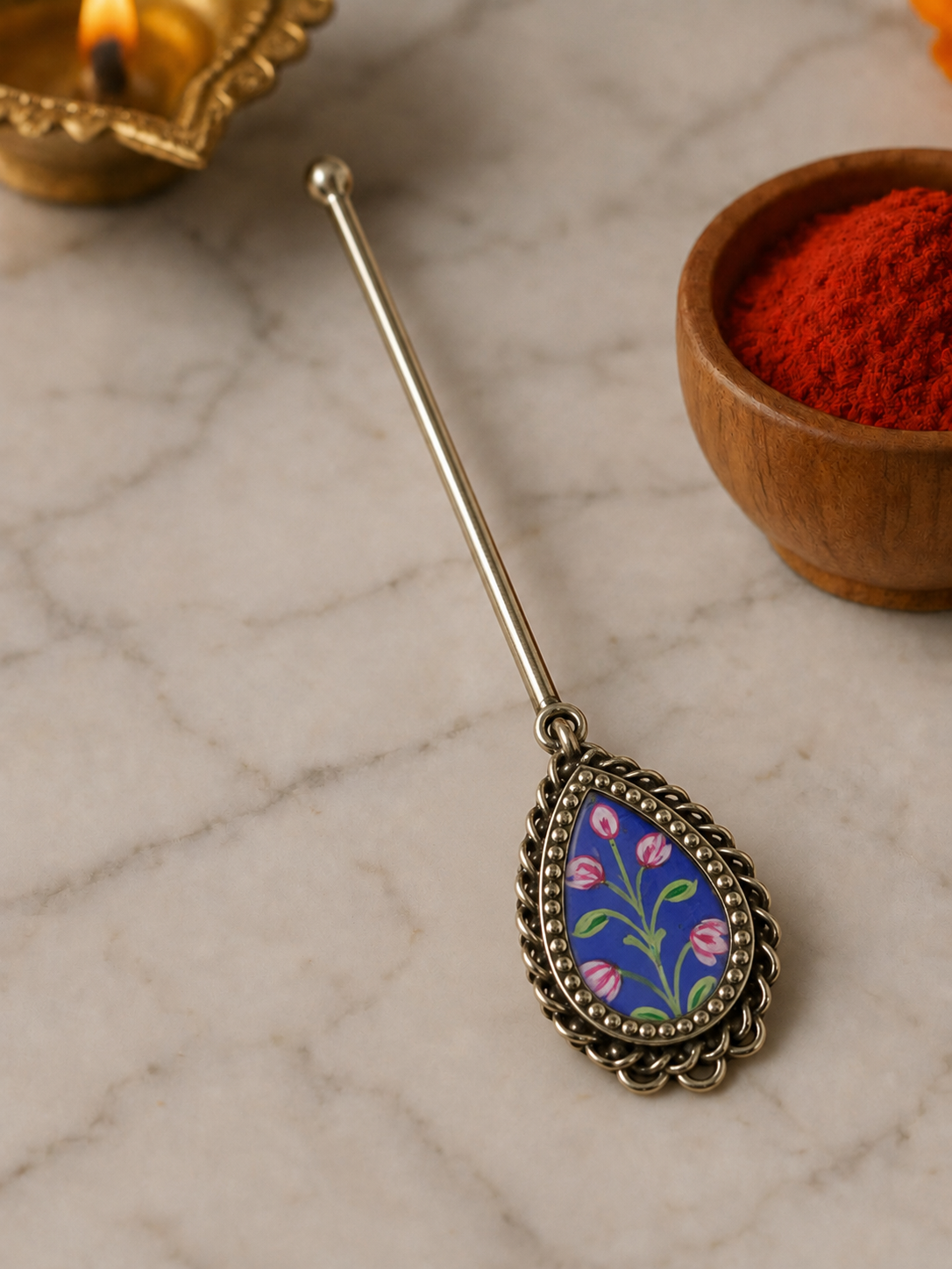 Pure Silver Hand-painted Pear Shaped Antique Pooja tilakstick