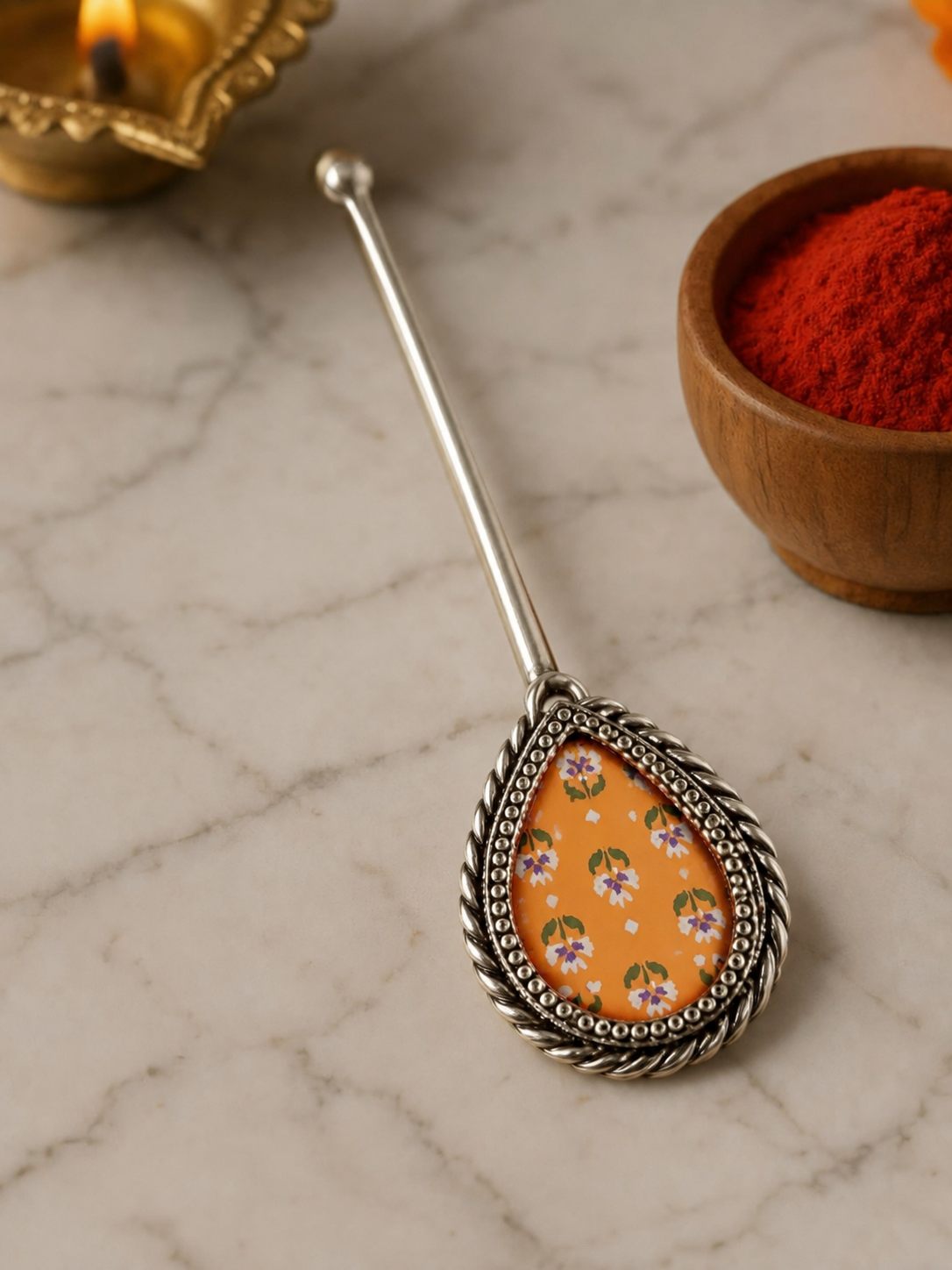Pure Silver Hand-painted Pear Shaped Antique Pooja tilakstick