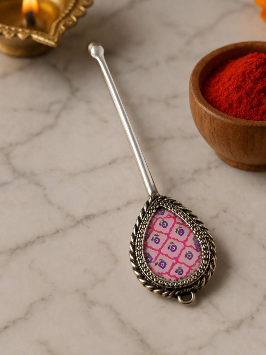 Pure Silver Hand-painted Pear Shaped Antique Pooja tilakstick