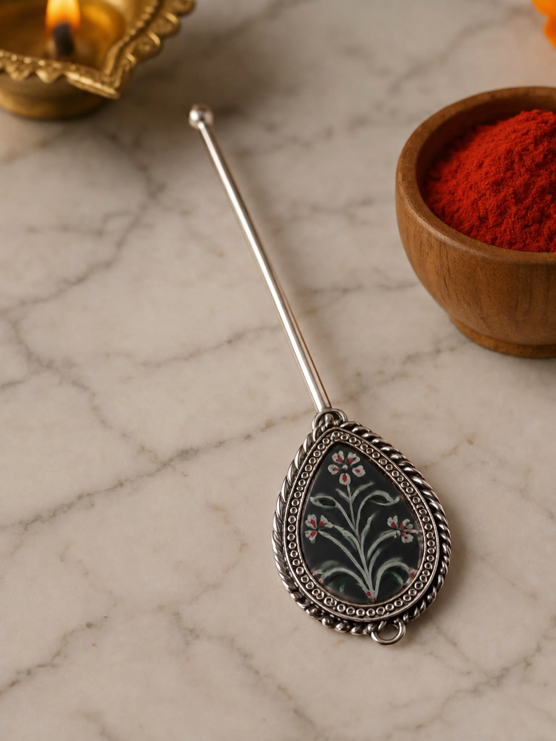 Pure Silver Hand-painted Pear Shaped Antique Pooja tilakstick