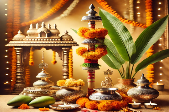Gudi Padwa celebratory display featuring traditional decorations, pure silver pooja items, and marigold flowers.