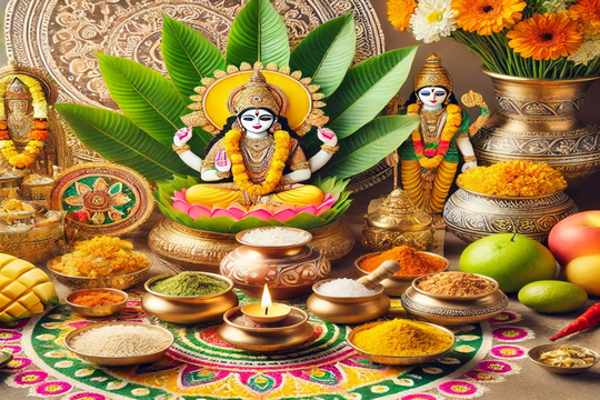 Ugadi – The Festival of New Beginnings celebration with pure silver pooja essentials and floral decorations.
