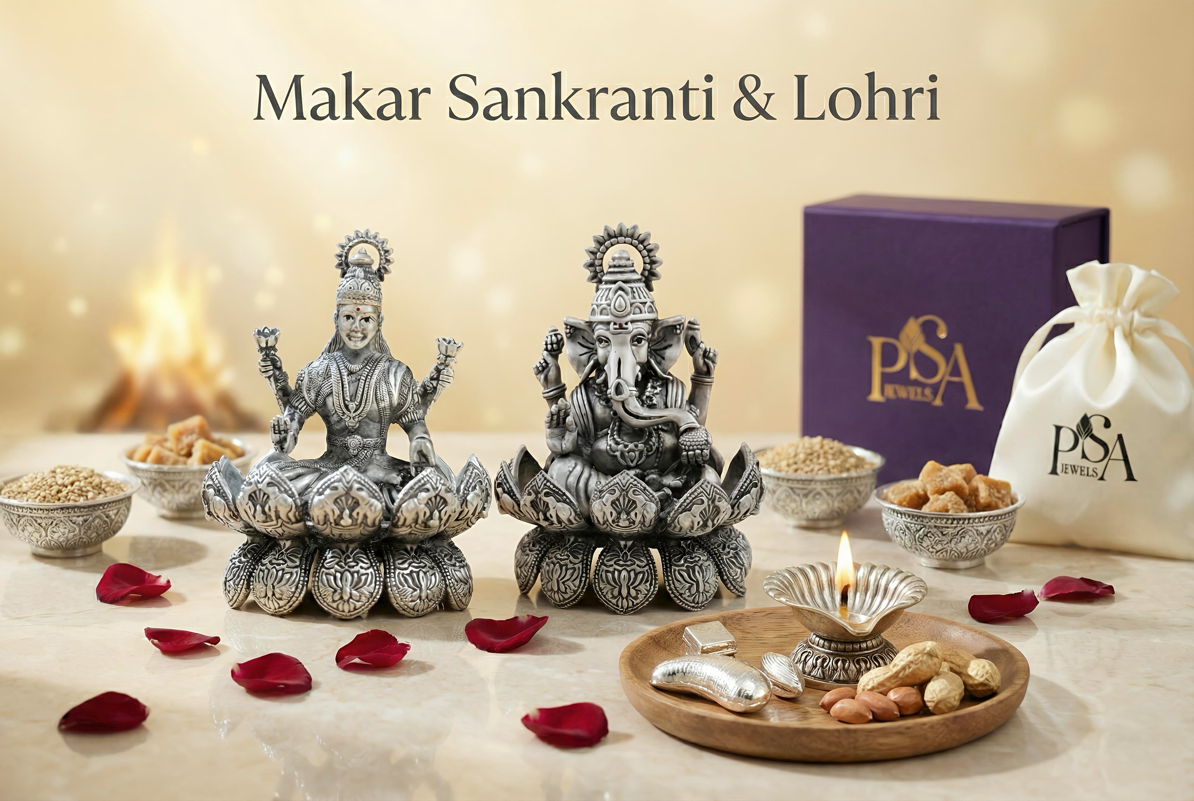 Celebrate Makar Sankranti & Lohri with Devotion, Warmth, and Pure Silver Elegance featuring silver deities and festive offerings.