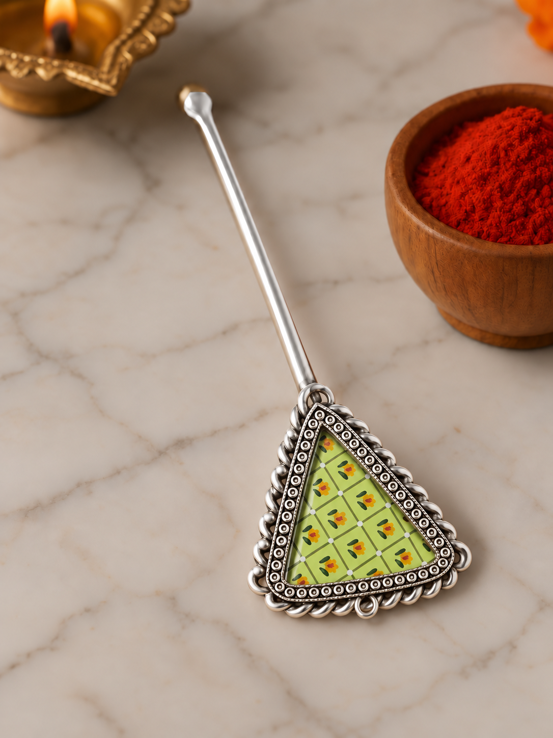 Pure Silver Hand-painted Triangular Shaped Antique Pooja tilakstick