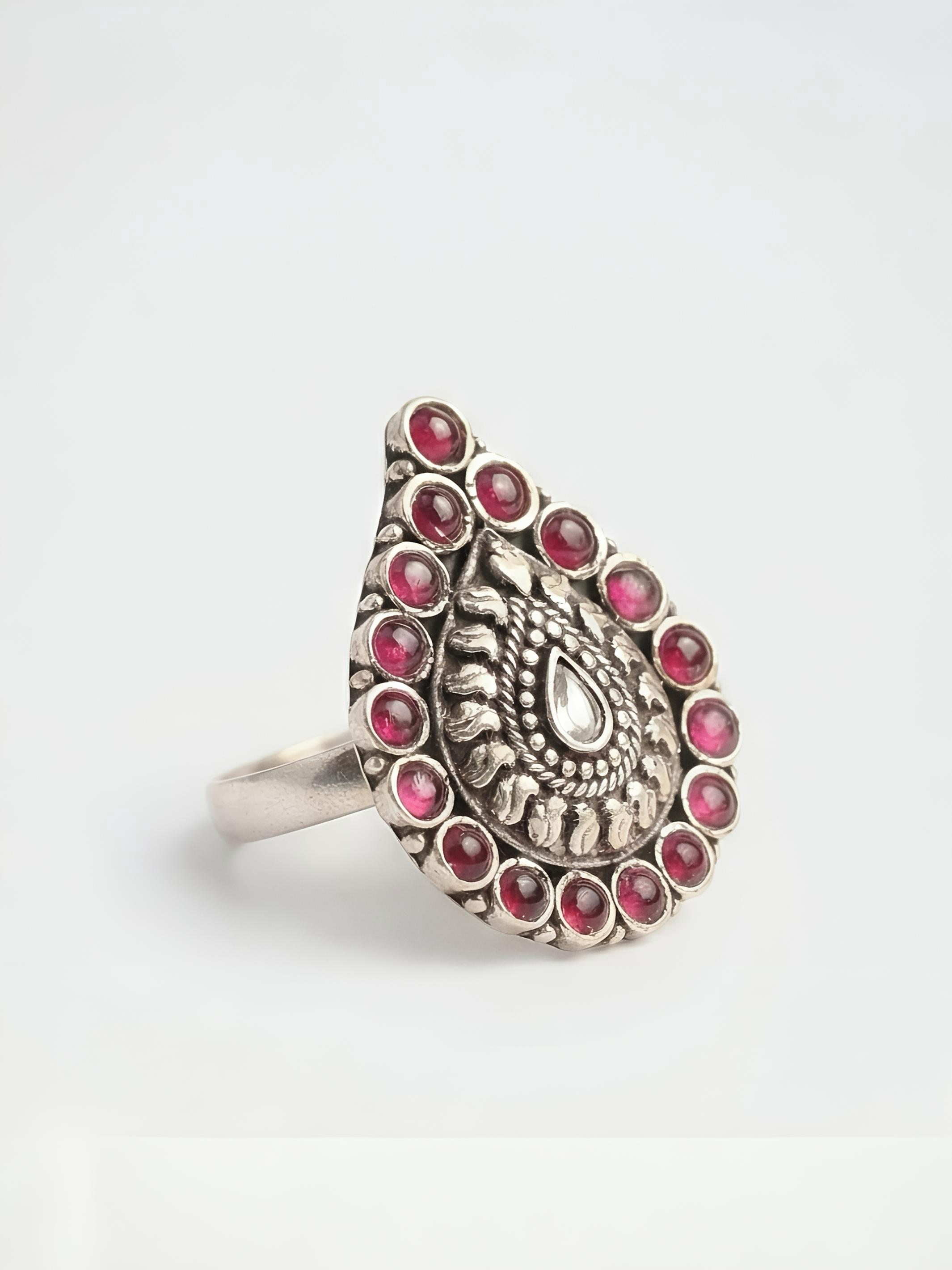 Ruby Diamond Shaped Pure Silver Ring