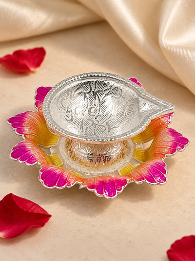 Pure Silver Antique Finish Diya with Colour Enamel & Flower Shape Base