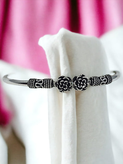 Pure Silver Rose Pattern Oxidized Bracelet