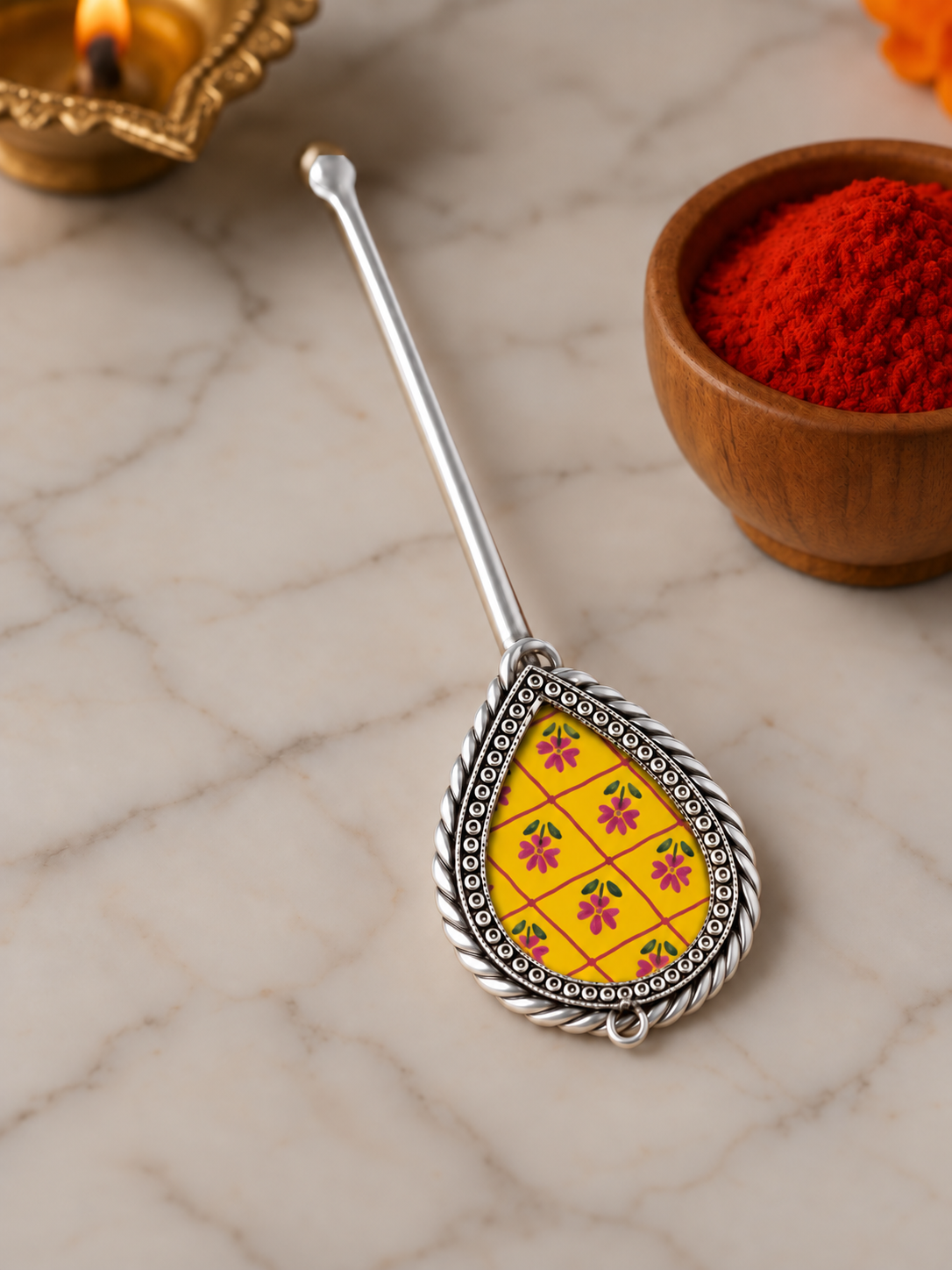 Pure Silver Hand-painted Pear Shaped Antique Pooja tilakstick