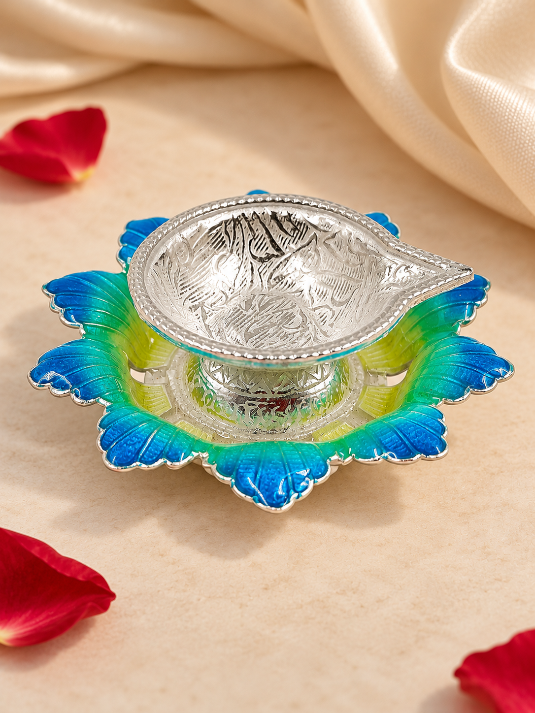 Pure Silver Antique Finish Diya with Colour Enamel & Flower Shape Base