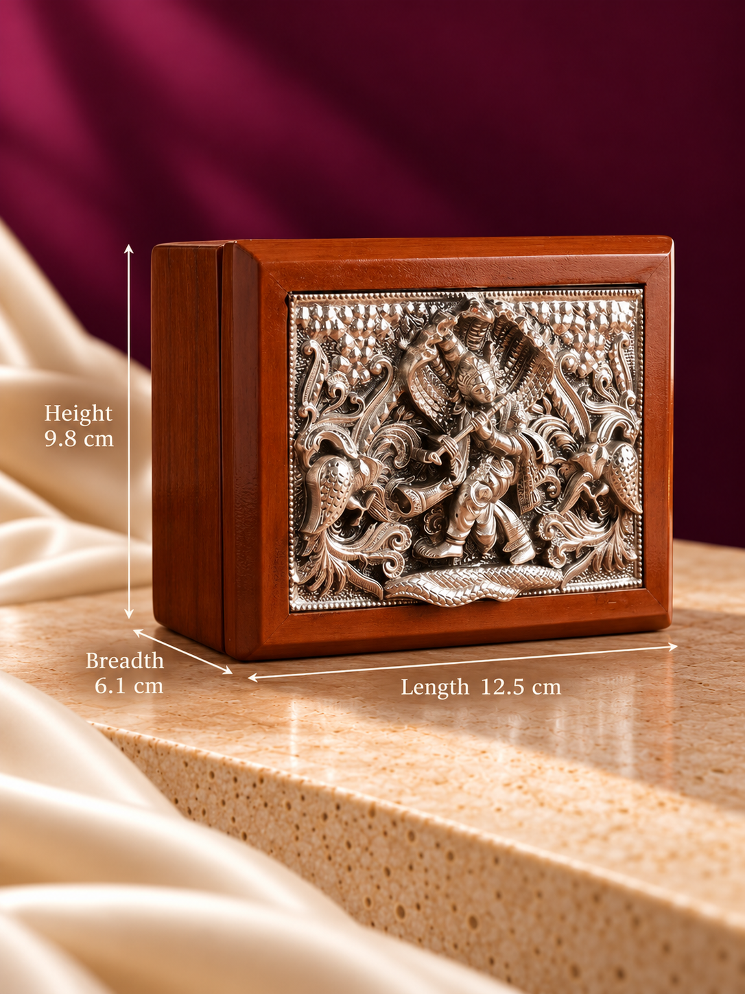 Pure 999 Silver Shree Krishna Wooden Dry Fruit Box