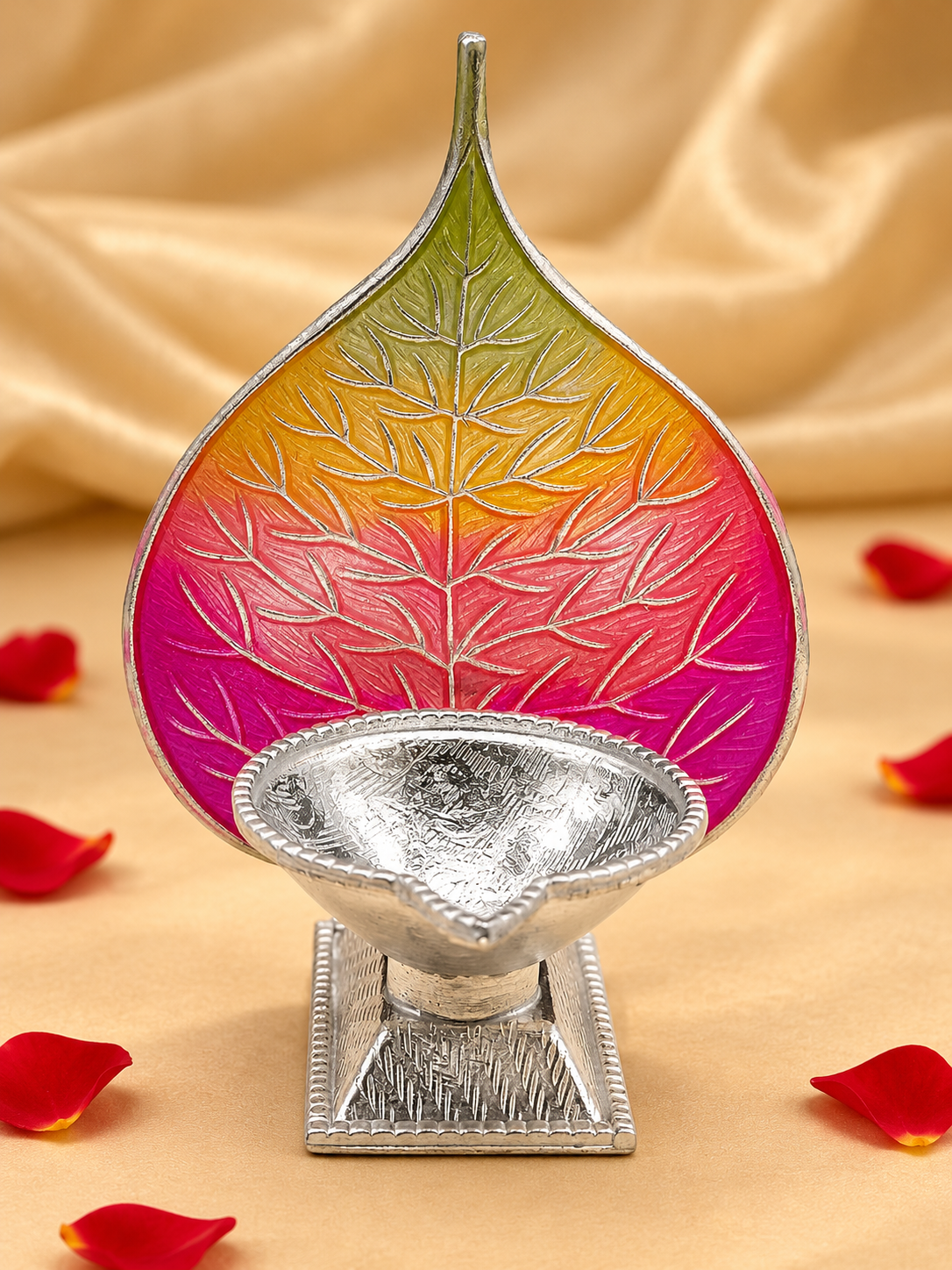 Pure Silver Antique Finish Pure Silver Diya with Multi-Colour Enamel & Paan Leaf Design