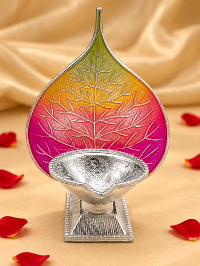Pure Silver Antique Finish Pure Silver Diya with Multi-Colour Enamel & Paan Leaf Design