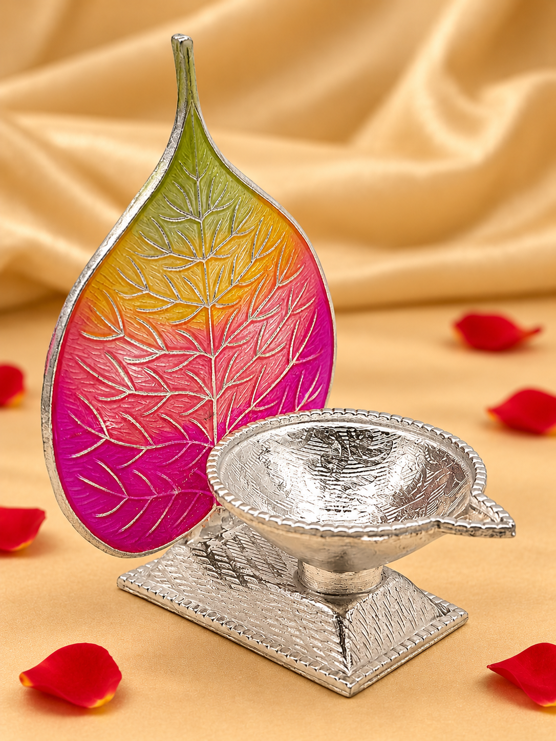 Pure Silver Antique Finish Pure Silver Diya with Multi-Colour Enamel & Paan Leaf Design