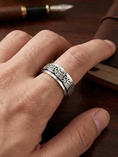 Rose Design Men’s Pure Silver Rotating Ring