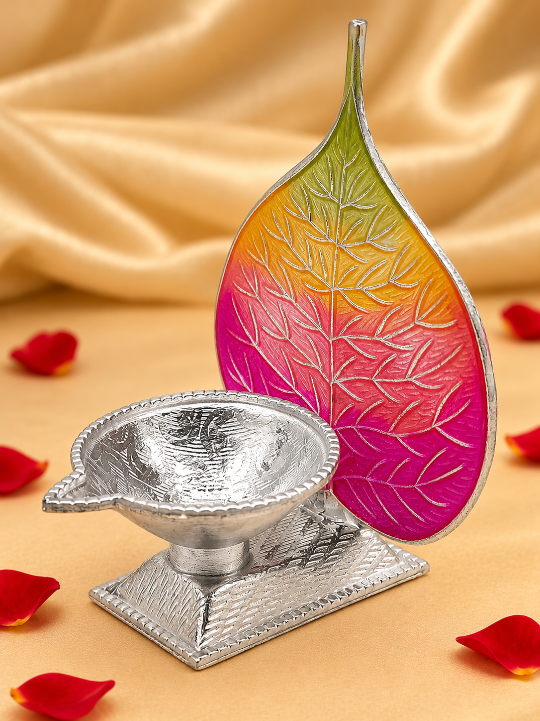 Pure Silver Antique Finish Pure Silver Diya with Multi-Colour Enamel & Paan Leaf Design