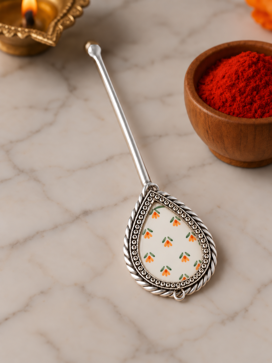 Pure Silver Hand-painted Pear Shaped Antique Pooja tilakstick