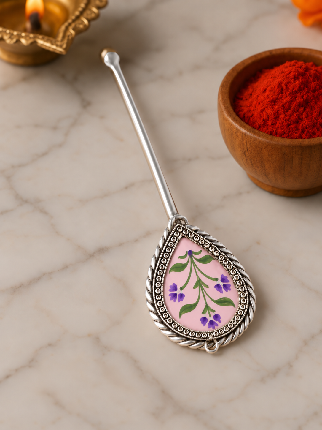 Pure Silver Hand-painted Pear Shaped Antique Pooja tilakstick