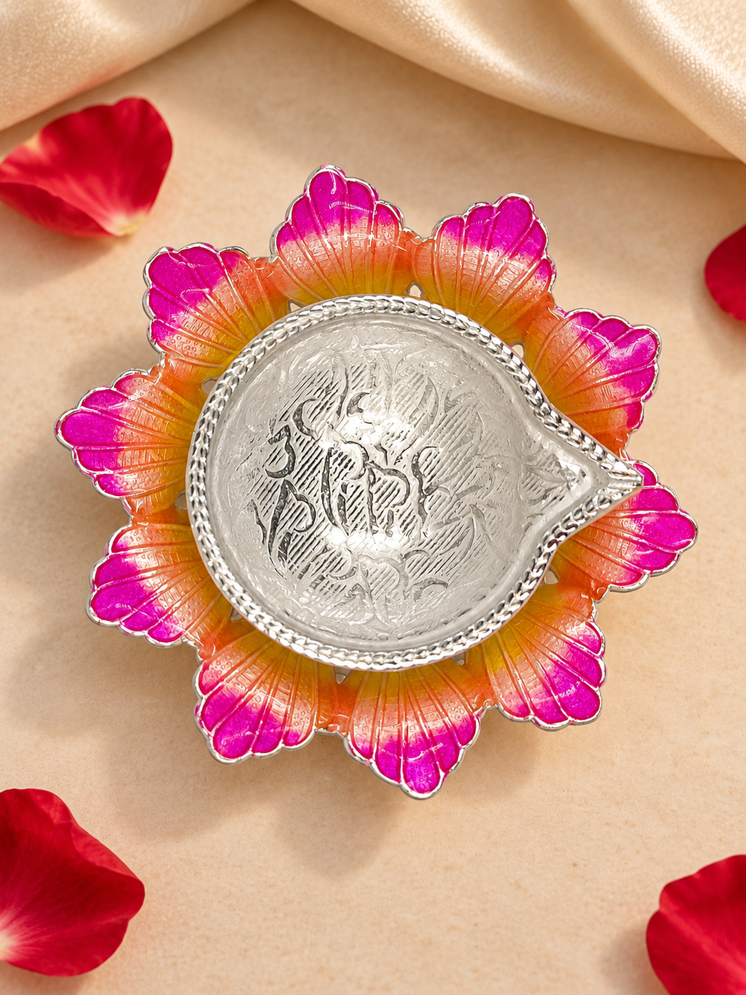 Pure Silver Antique Finish Diya with Colour Enamel & Flower Shape Base