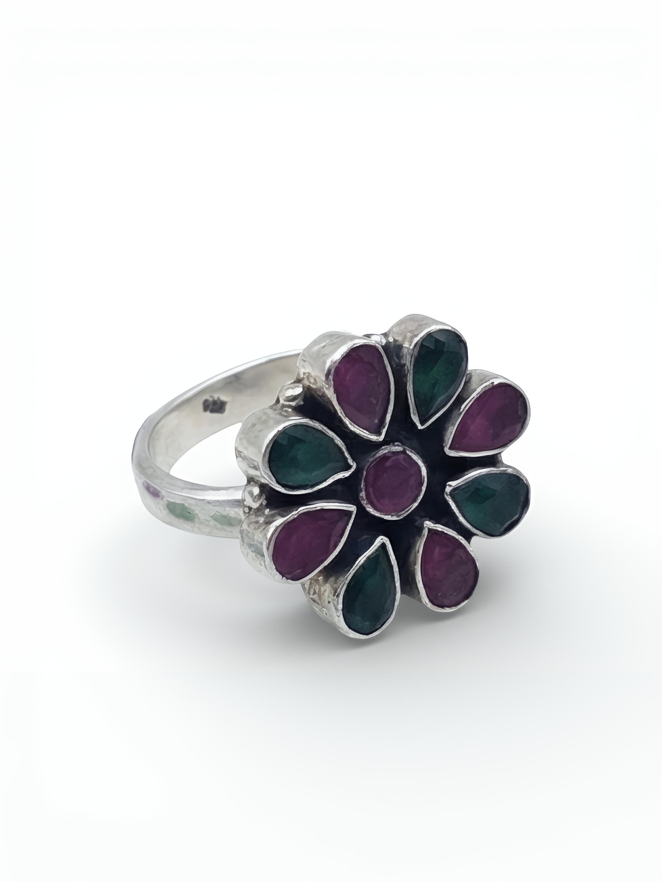 Red Green Stone Pure Silver Ring