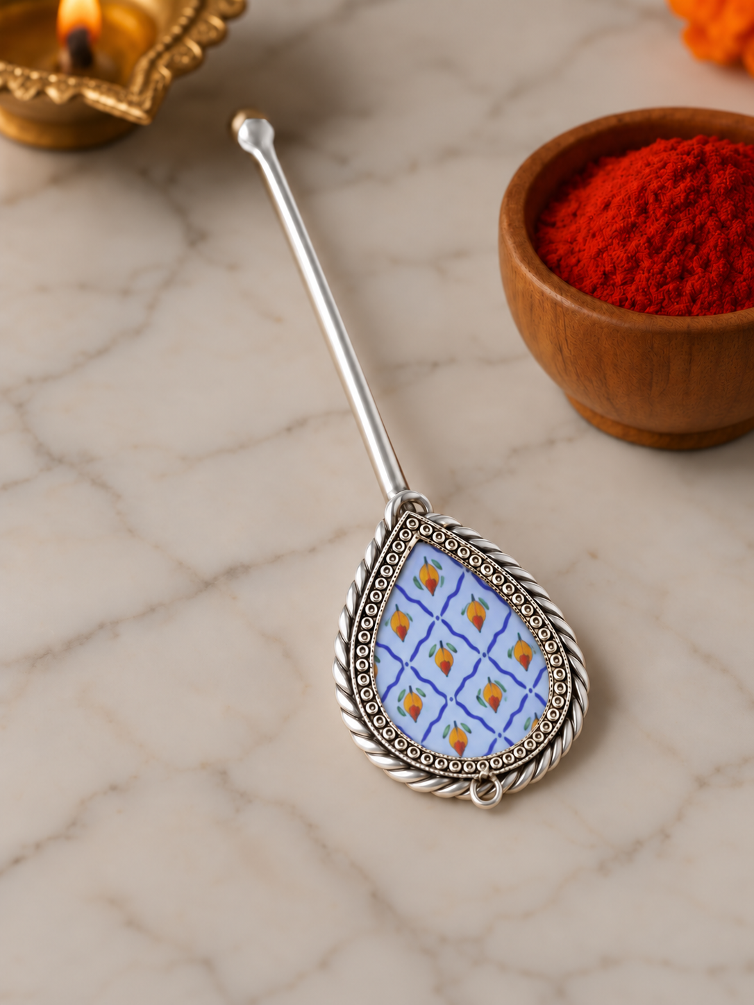 Pure Silver Hand-painted Pear Shaped Antique Pooja tilakstick
