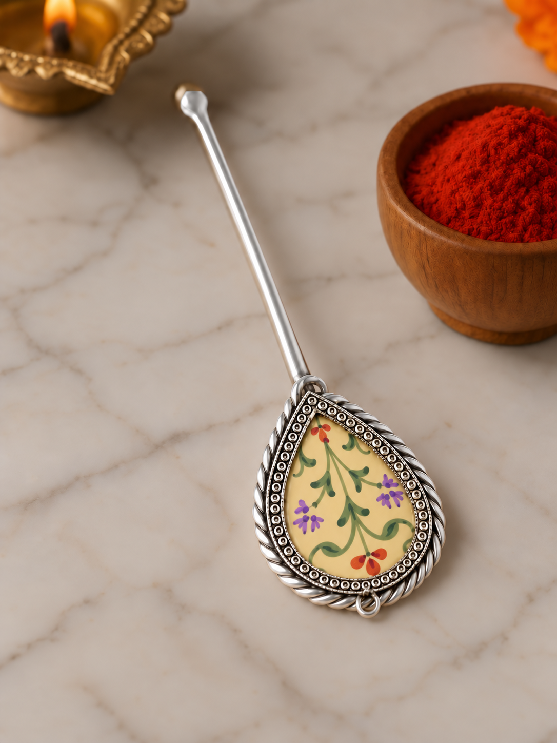 Pure Silver Hand-painted Pear Shaped Antique Pooja tilakstick