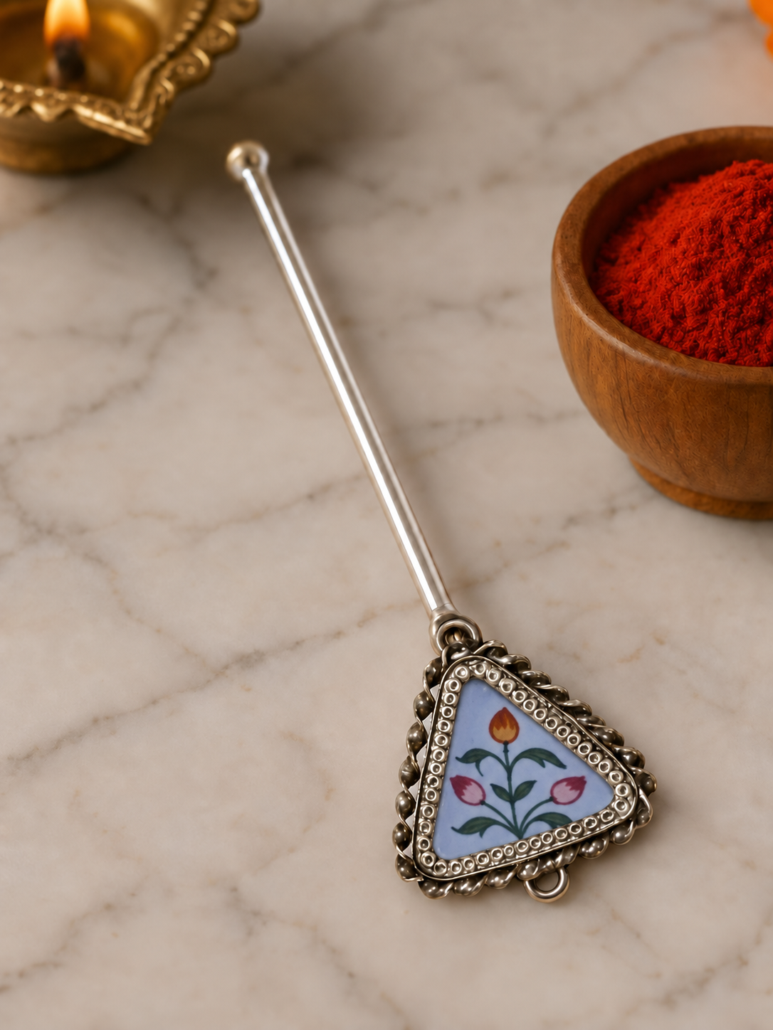 Pure Silver Hand-painted Triangular Shaped Antique Pooja tilakstick