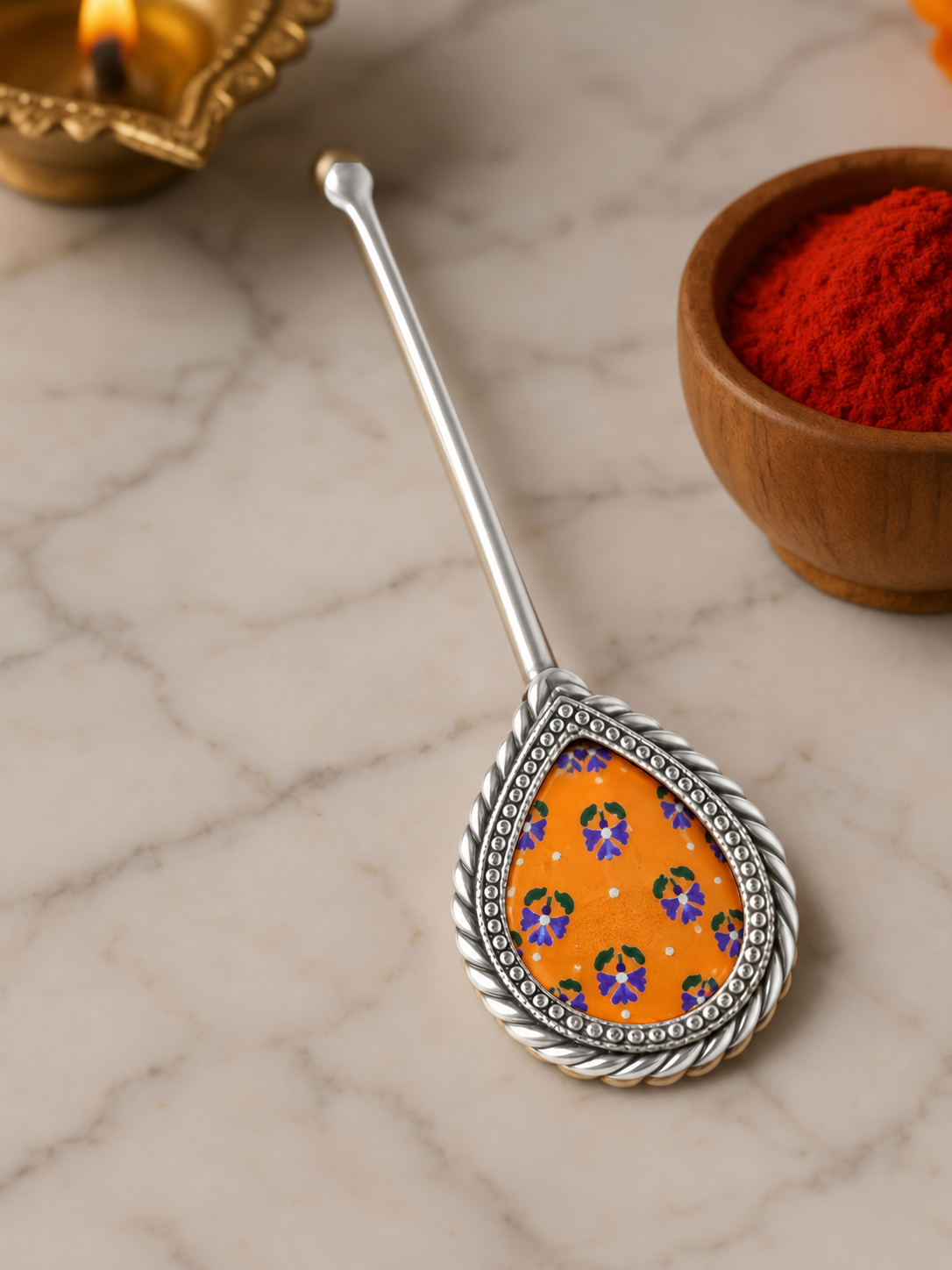 Pure Silver Hand-painted Pear Shaped Antique Pooja tilakstick