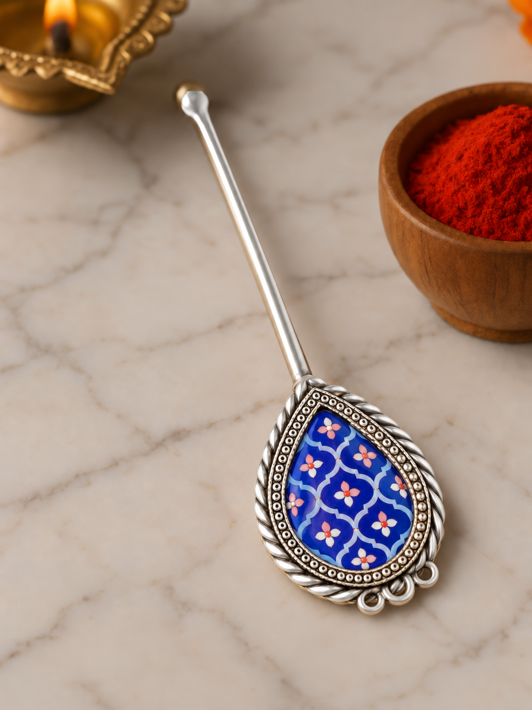 Pure Silver Hand-painted Pear Shaped Antique Pooja tilakstick