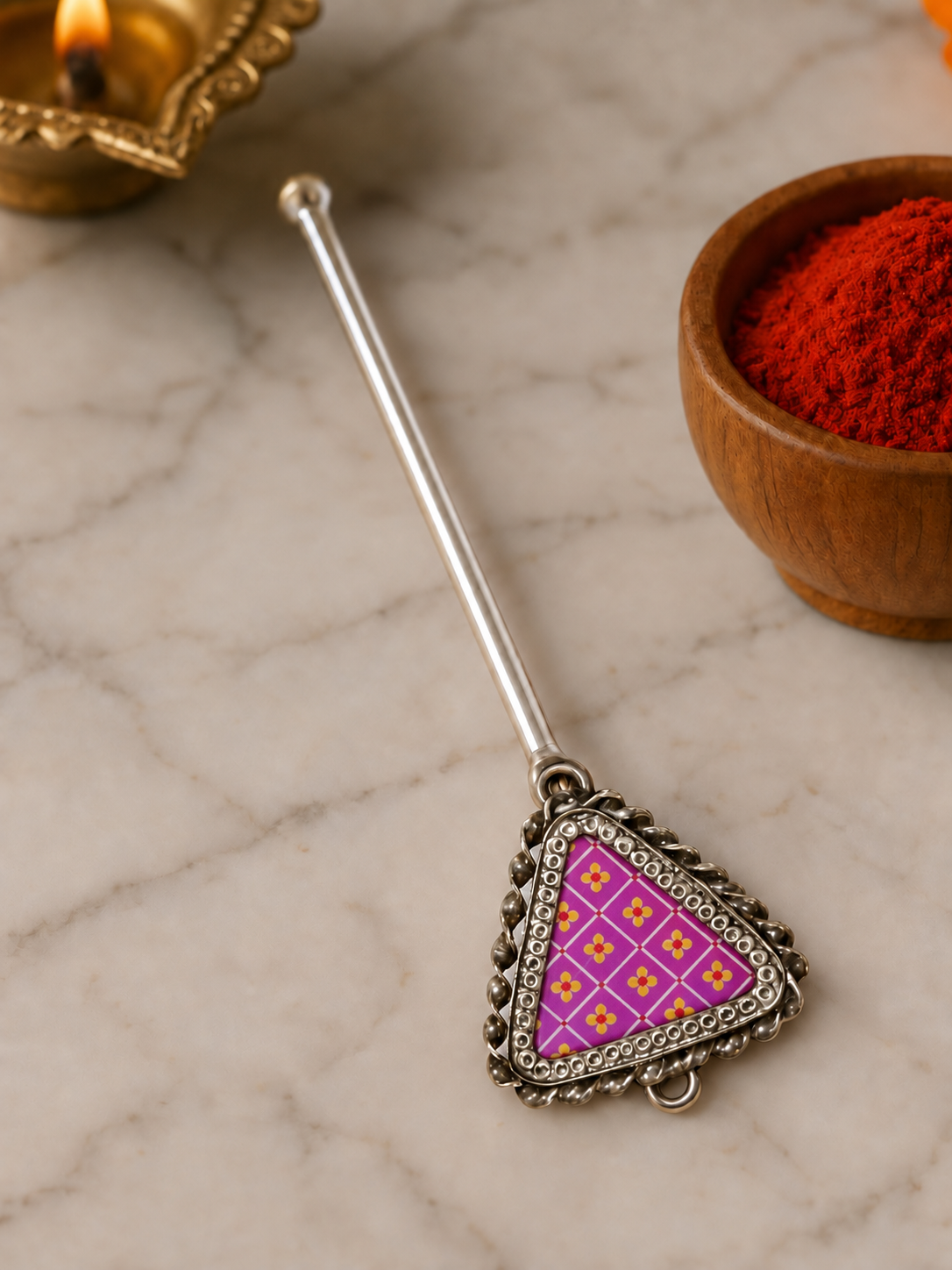 Pure Silver Hand-painted Triangular Shaped Antique Pooja tilakstick