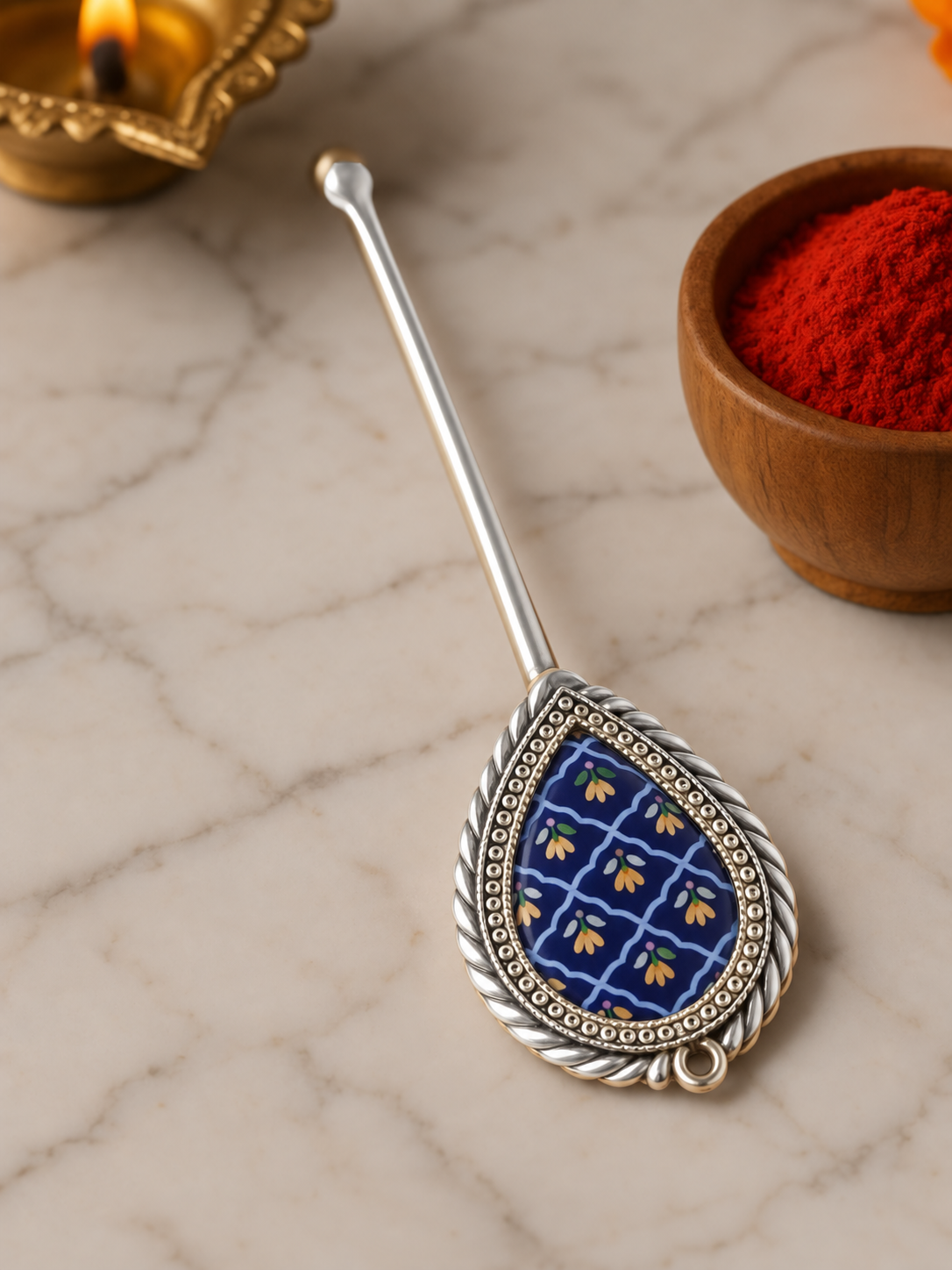 Pure Silver Hand-painted Pear Shaped Antique Pooja tilakstick