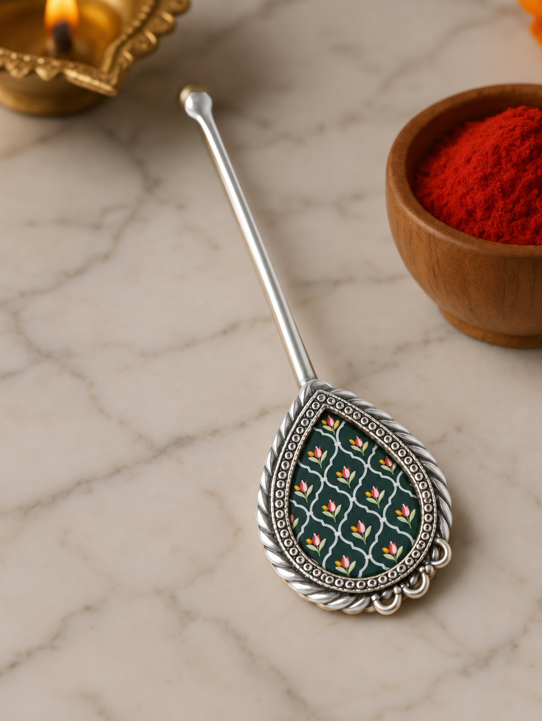 Pure Silver Hand-painted Pear Shaped Antique Pooja tilakstick