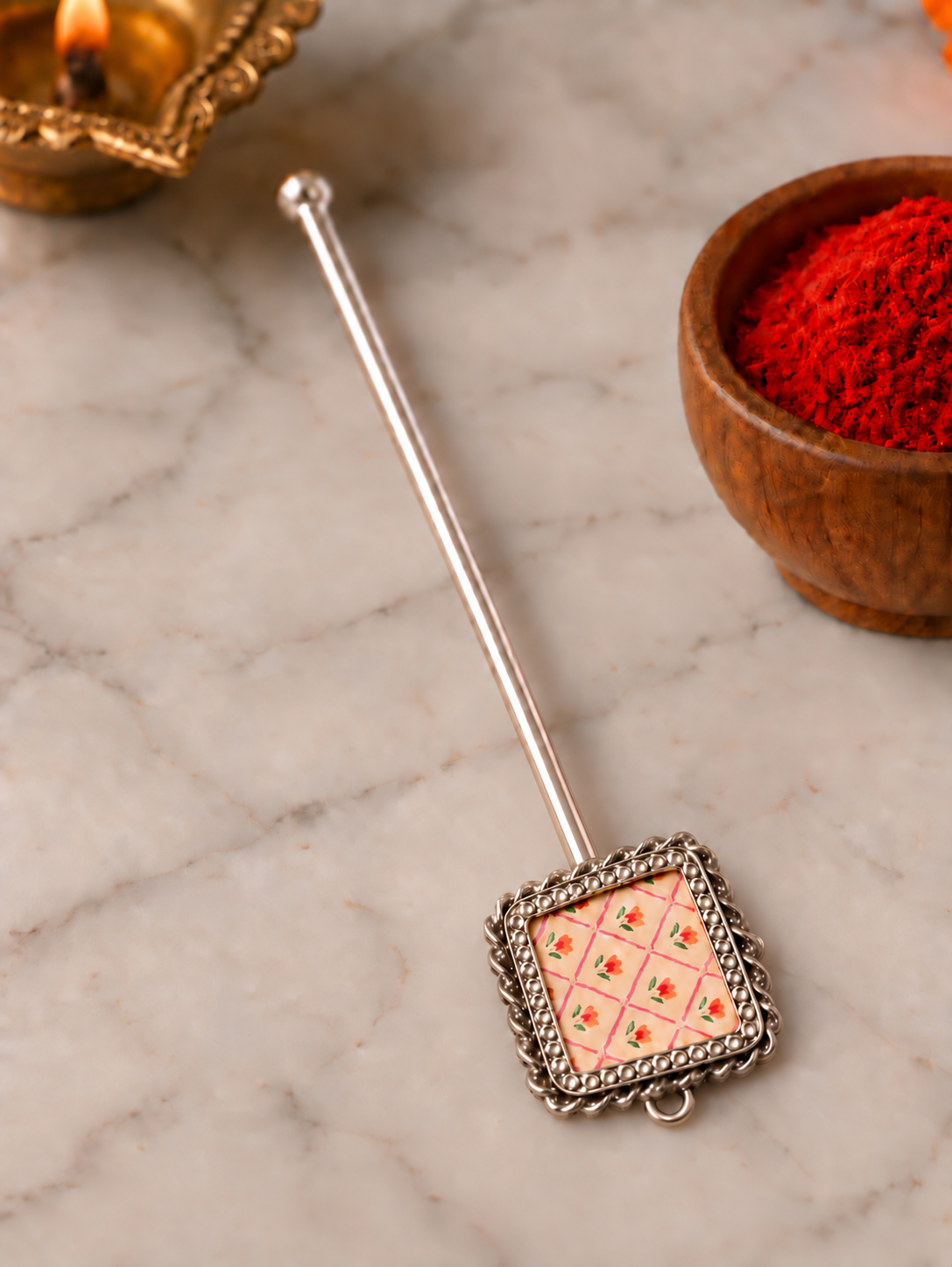 Pure Silver Hand-painted Square Shaped Antique Pooja tilakstick